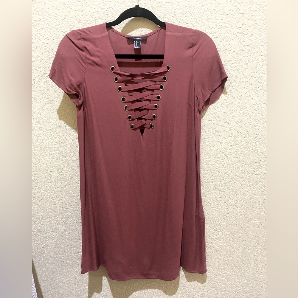 Lace Up Burgundy T-shirt Dress Tunic, Size XS | Forever21
